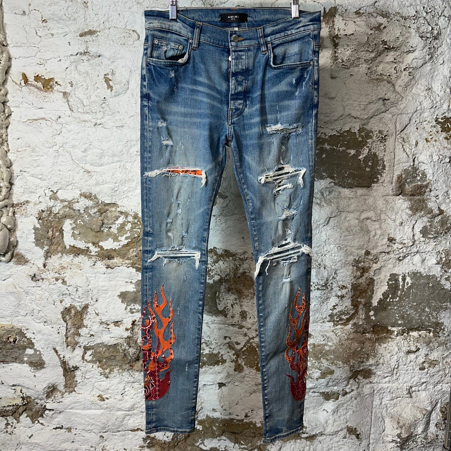 Amiri Red Orange Paisley Flame Blue Denim Jeans Sz 32
