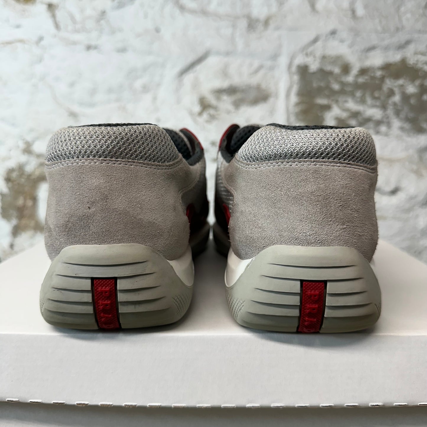 Prada Americas Cup Vintage Red Leather Strap Grey Sneaker Sz 8