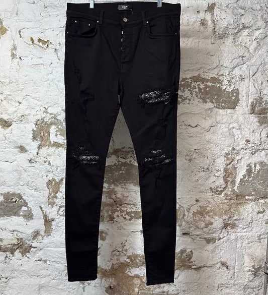 Amiri MX1 Black Paisley Black Denim Jeans Sz 38