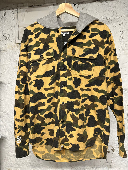 Bape Yellow Camo Shark Button Up Sz M