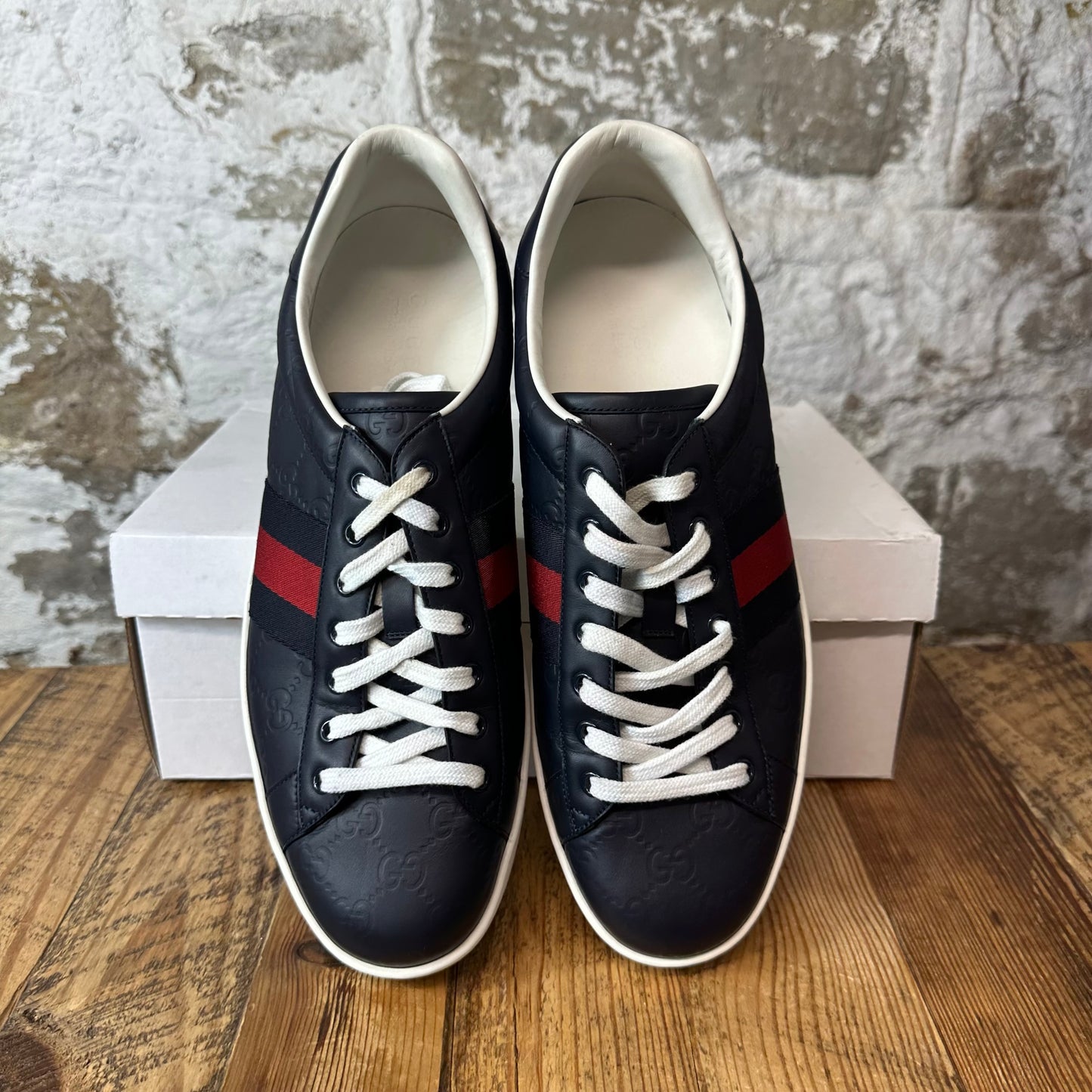 Gucci Navy Embossed GG Monogram Ace Sneaker Sz 12