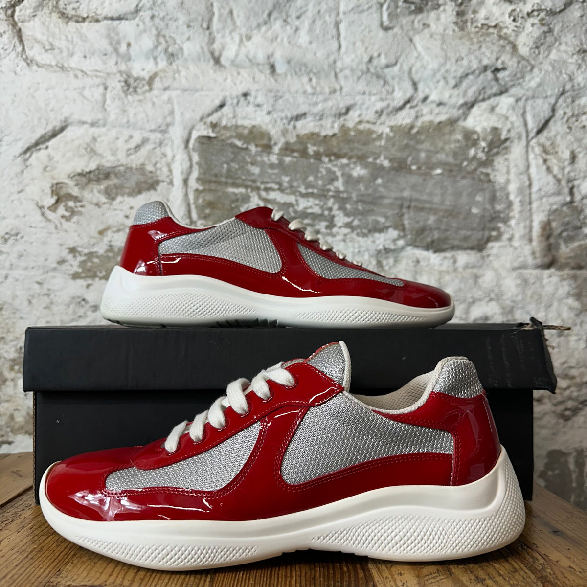 Prada Americas Cup Red Patent Grey White Sneaker Sz 8