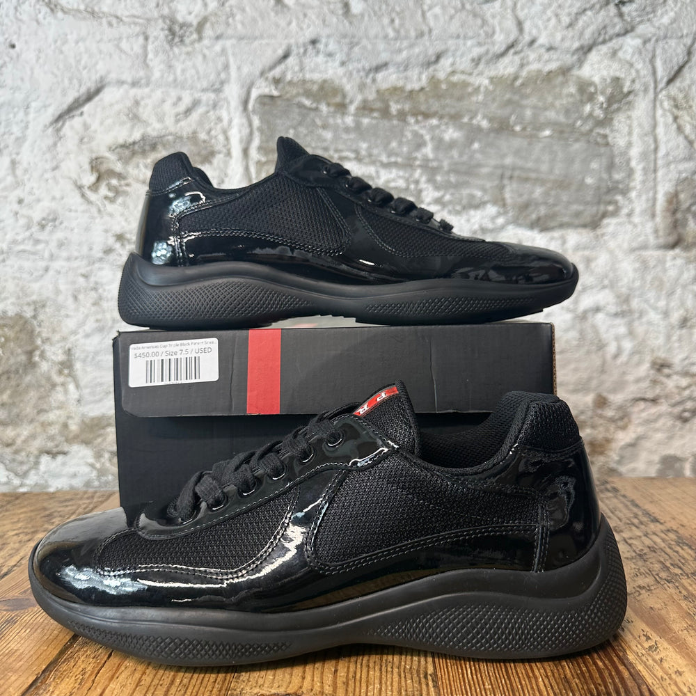 Prada Americas Cup Triple Black Patent Sneaker Sz 7.5