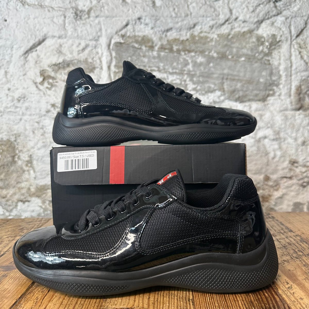 Prada Americas Cup Triple Black Patent Sneaker Sz 7.5