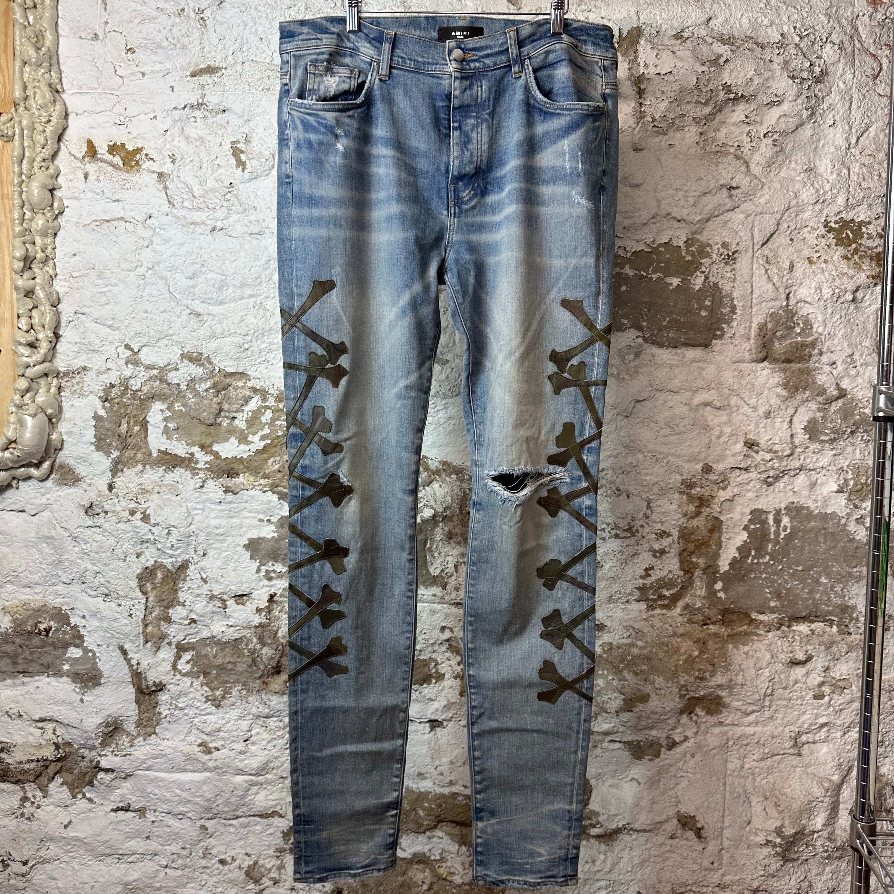 Amiri Green Camo Bones Blue Denim Jeans Sz 38