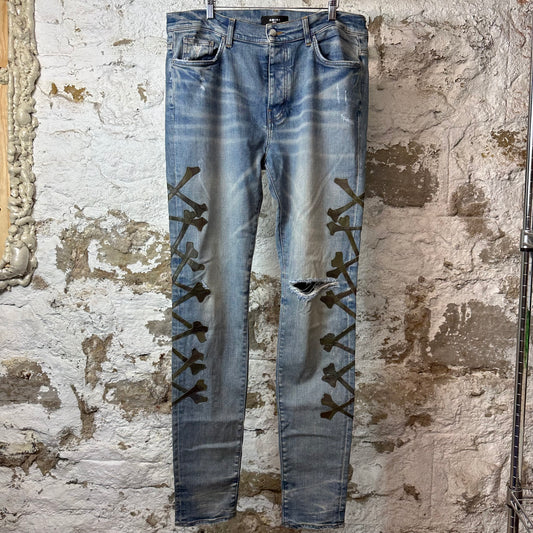 Amiri Green Camo Bones Blue Denim Jeans Sz 38