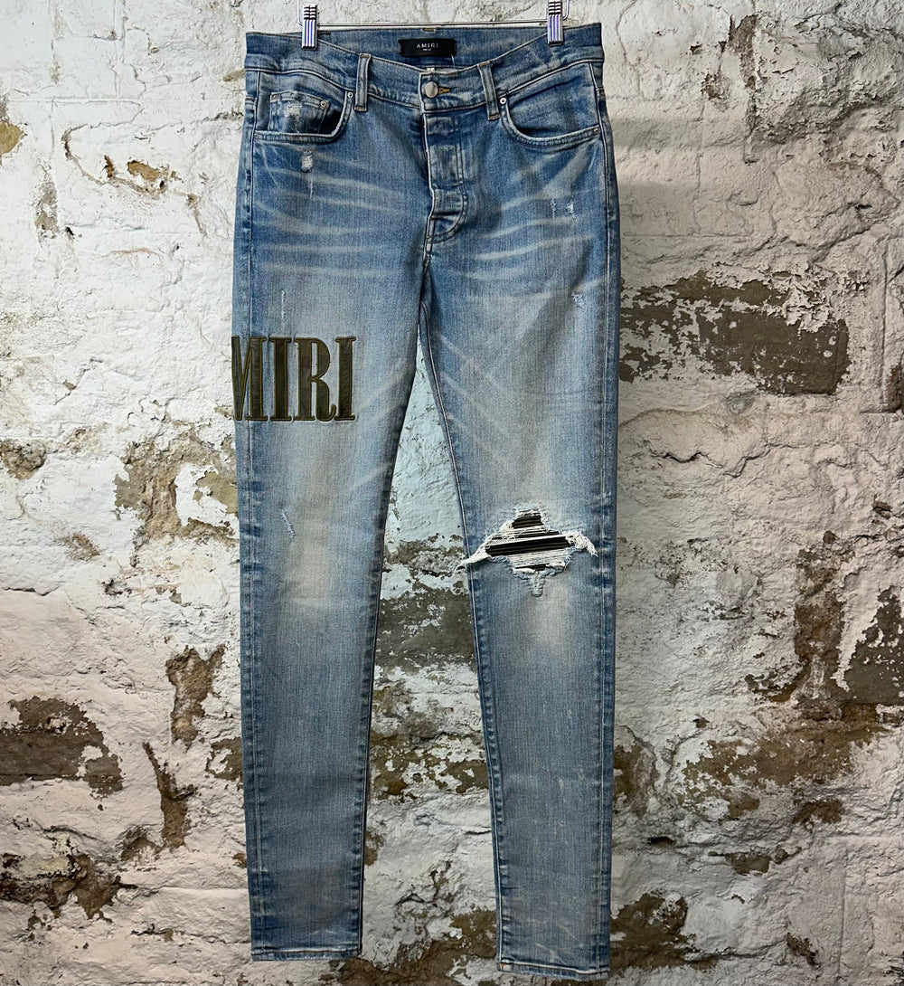 Amiri MX1 Camo Spell Patch Blue Denim Jeans Sz 32