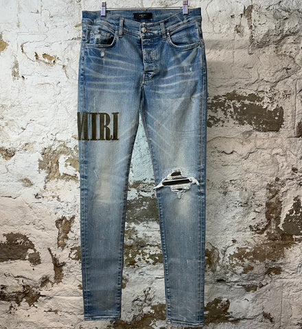 Amiri MX1 Camo Spell Patch Blue Denim Jeans Sz 32