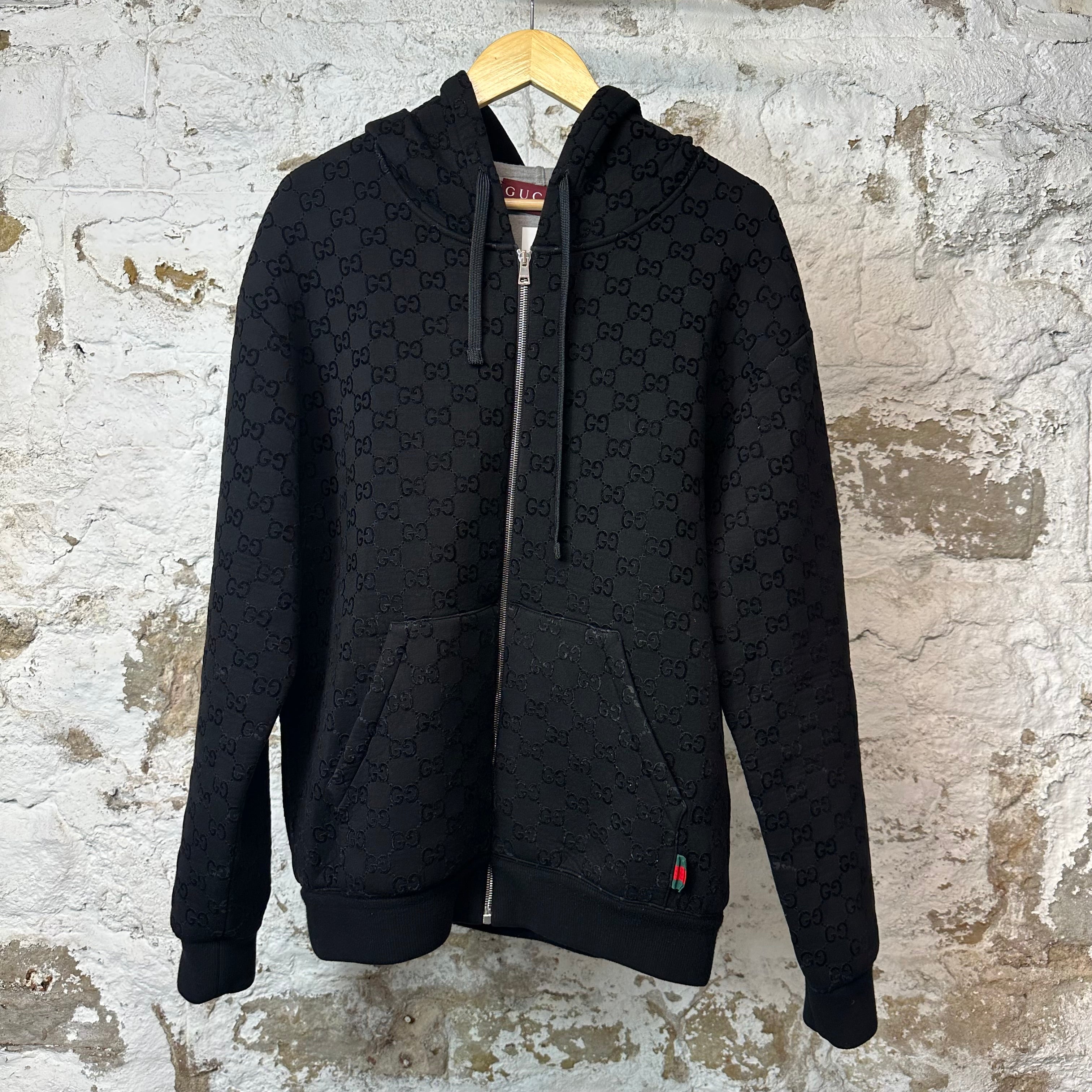 Gucci GG Printed Monogram Velour Zip Up Hoodie Black Sz M