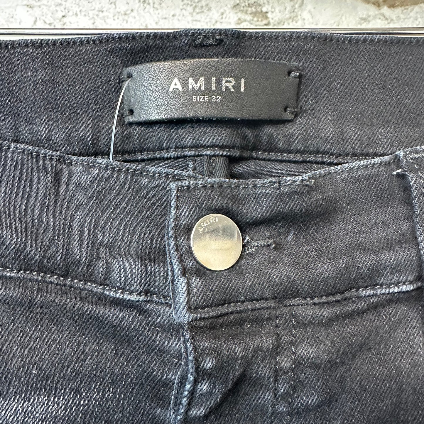 Amiri Knee Rip Paint Drip Spell Black Denim Jeans Sz 32