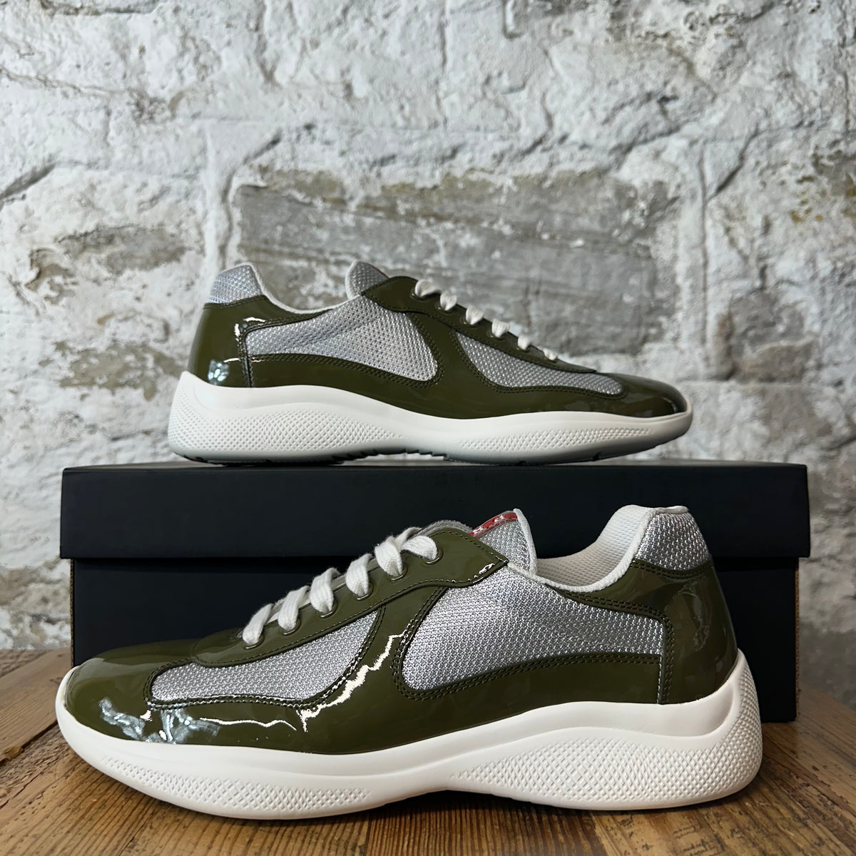 Prada Americas Cup Olive Patent Grey White Sneaker Sz 9