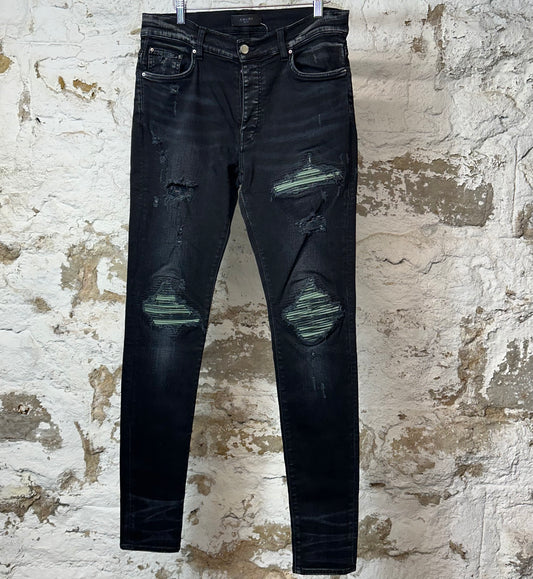 Amiri MX1 Green Suede Black Denim Jeans Sz 32