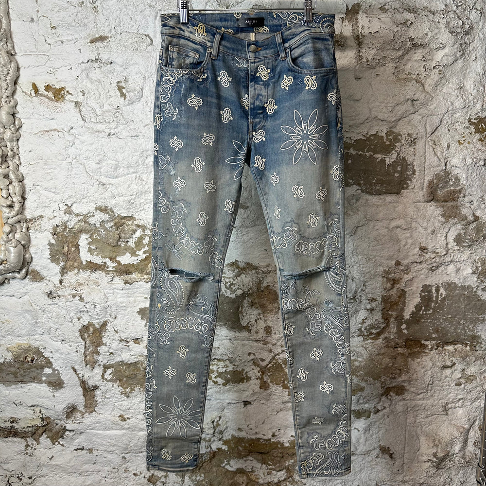 Amiri Knee Rip White Paisley Print Blue Denim Jeans Sz 31