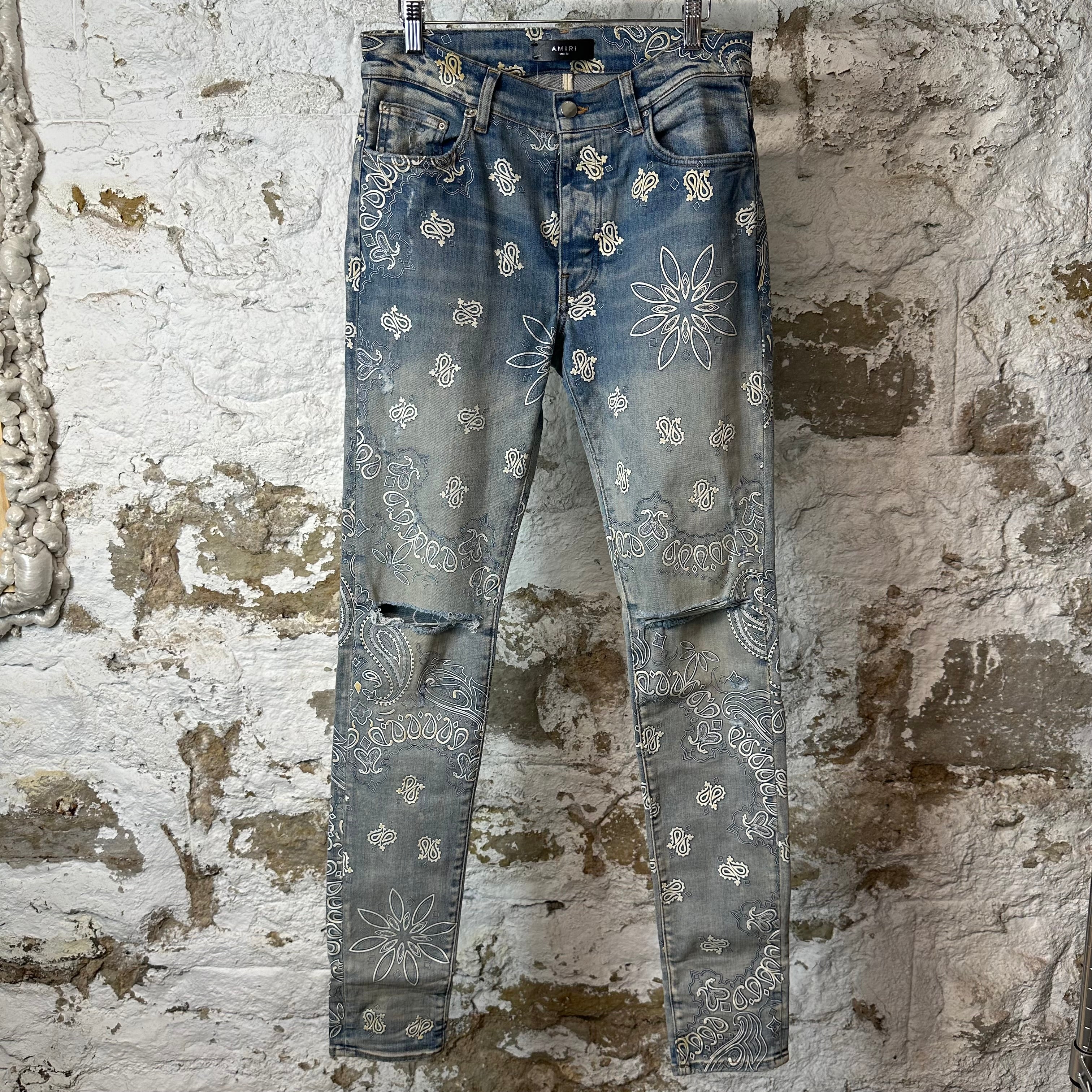 Amiri Knee Rip White Paisley Print Blue Denim Jeans Sz 31