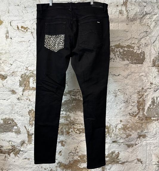 Amiri MX1 Cheetah Print Black Denim Jeans Sz 40