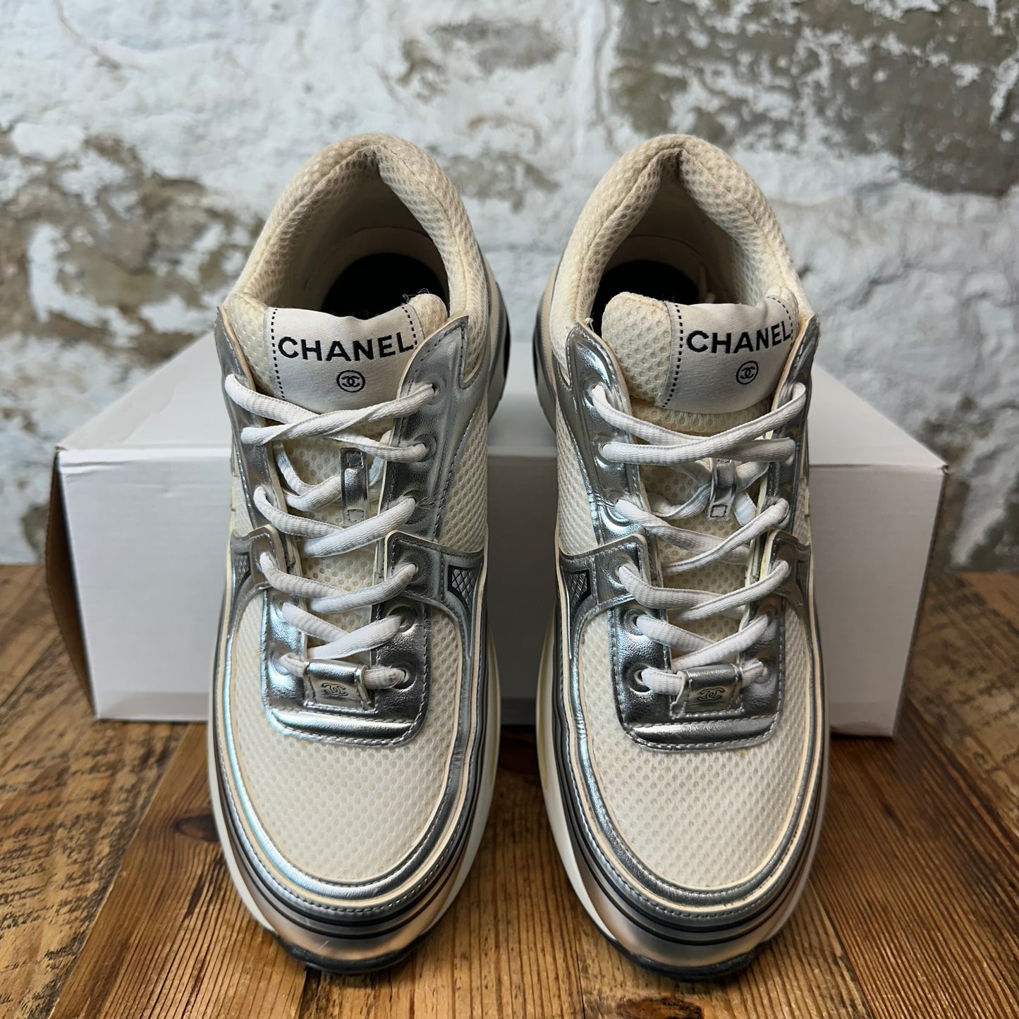 Chanel CC Silver Cream Trainer Sneaker Sz 6.5 (39)