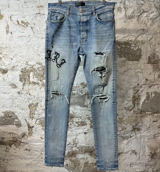 Amiri Old English Spell Blue Denim Jeans Sz 34
