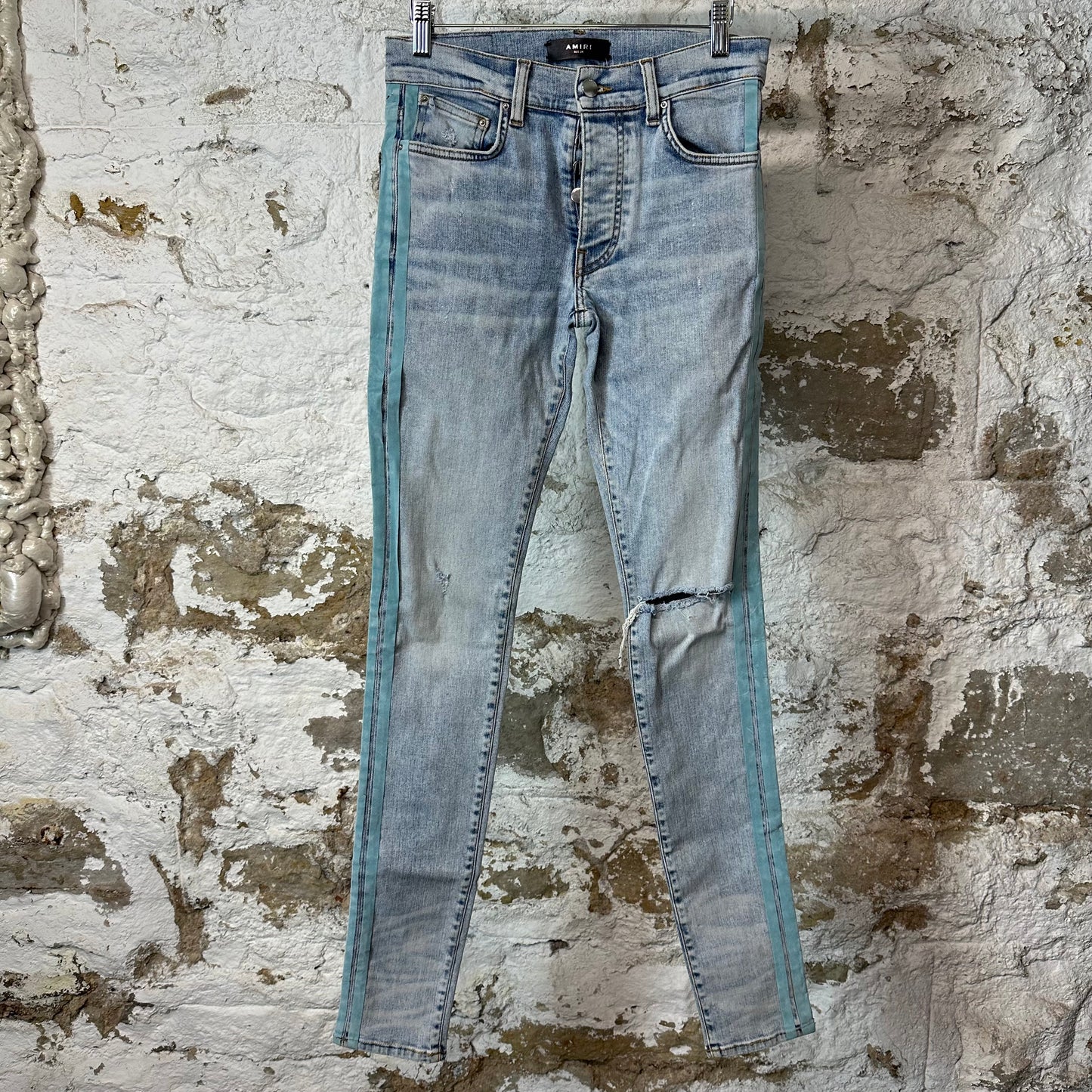 Amiri Teal Velour Stripe Washed Blue Denim Jeans Sz 28