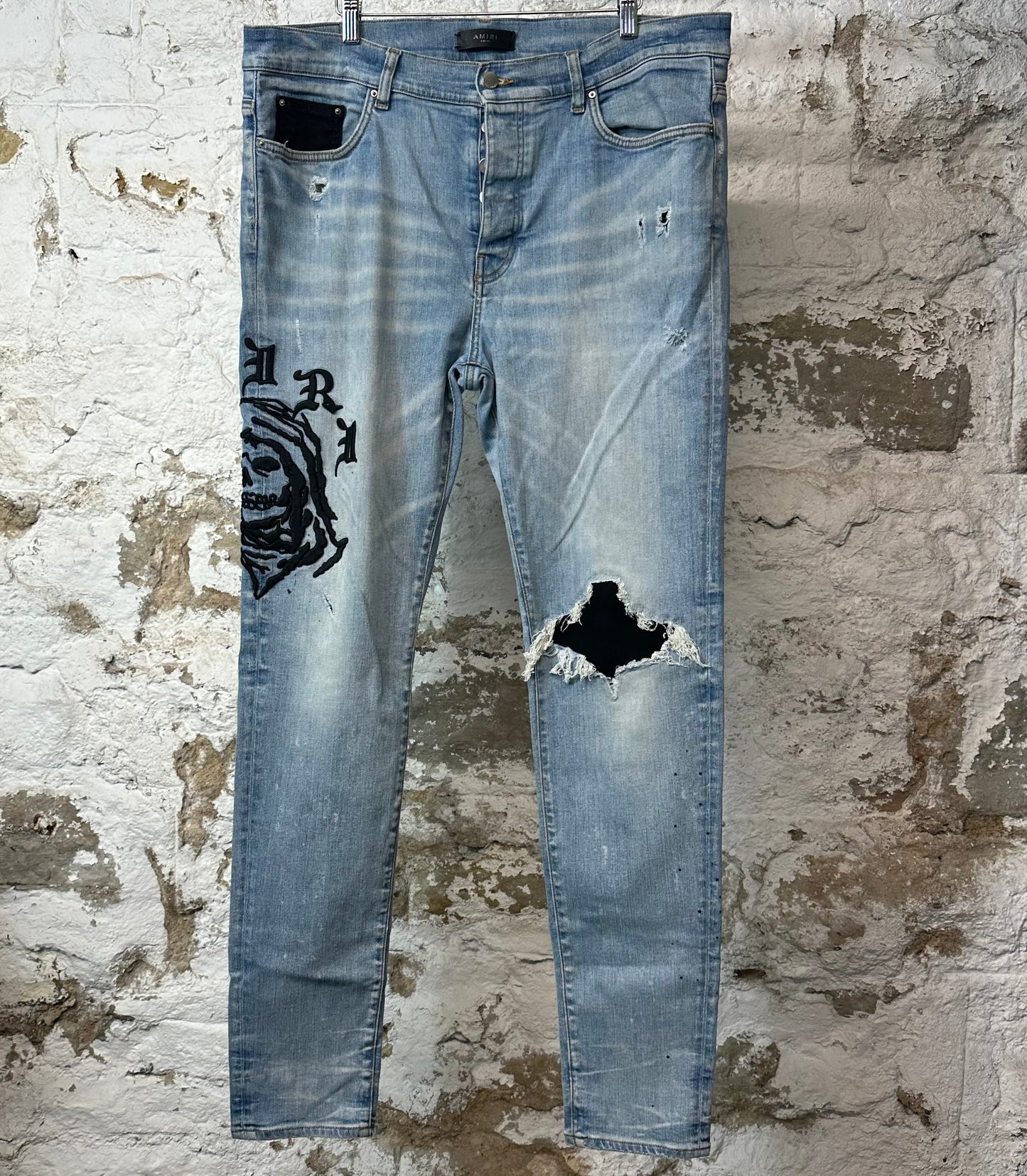 Amiri Embroidered Reaper Logo Blue Denim Jeans Sz 38