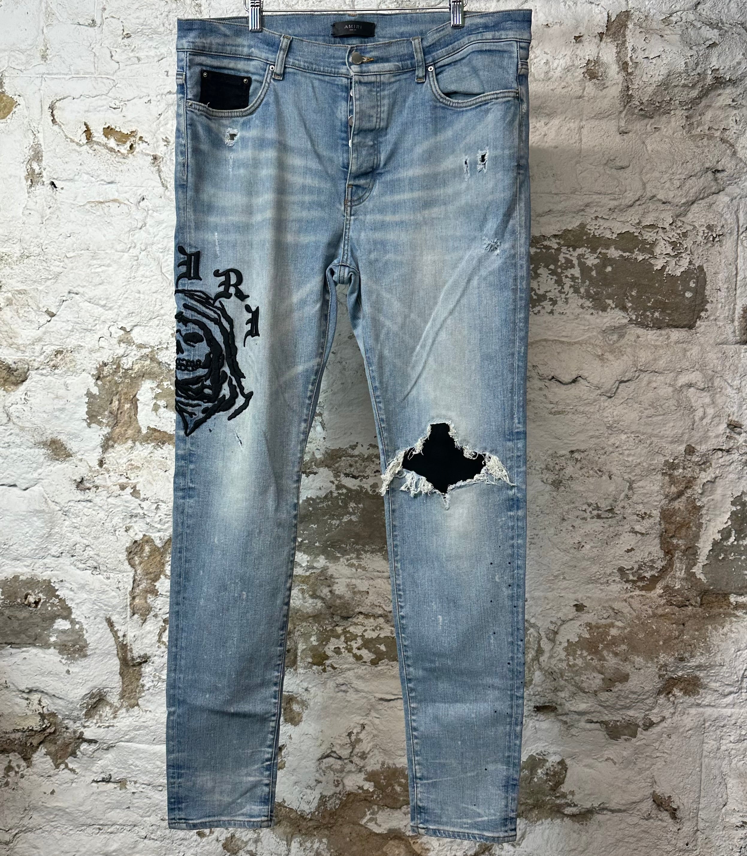 Amiri Embroidered Reaper Logo Blue Denim Jeans Sz 38