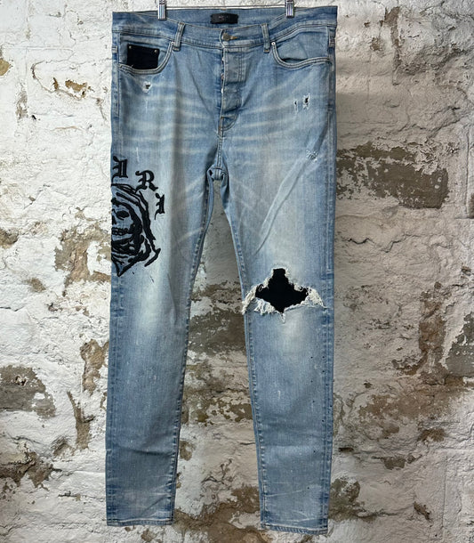 Amiri Embroidered Reaper Logo Blue Denim Jeans Sz 38