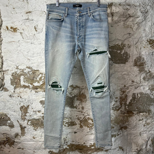 Amiri MX1 Green Suede Light Blue Denim Jeans Sz 32