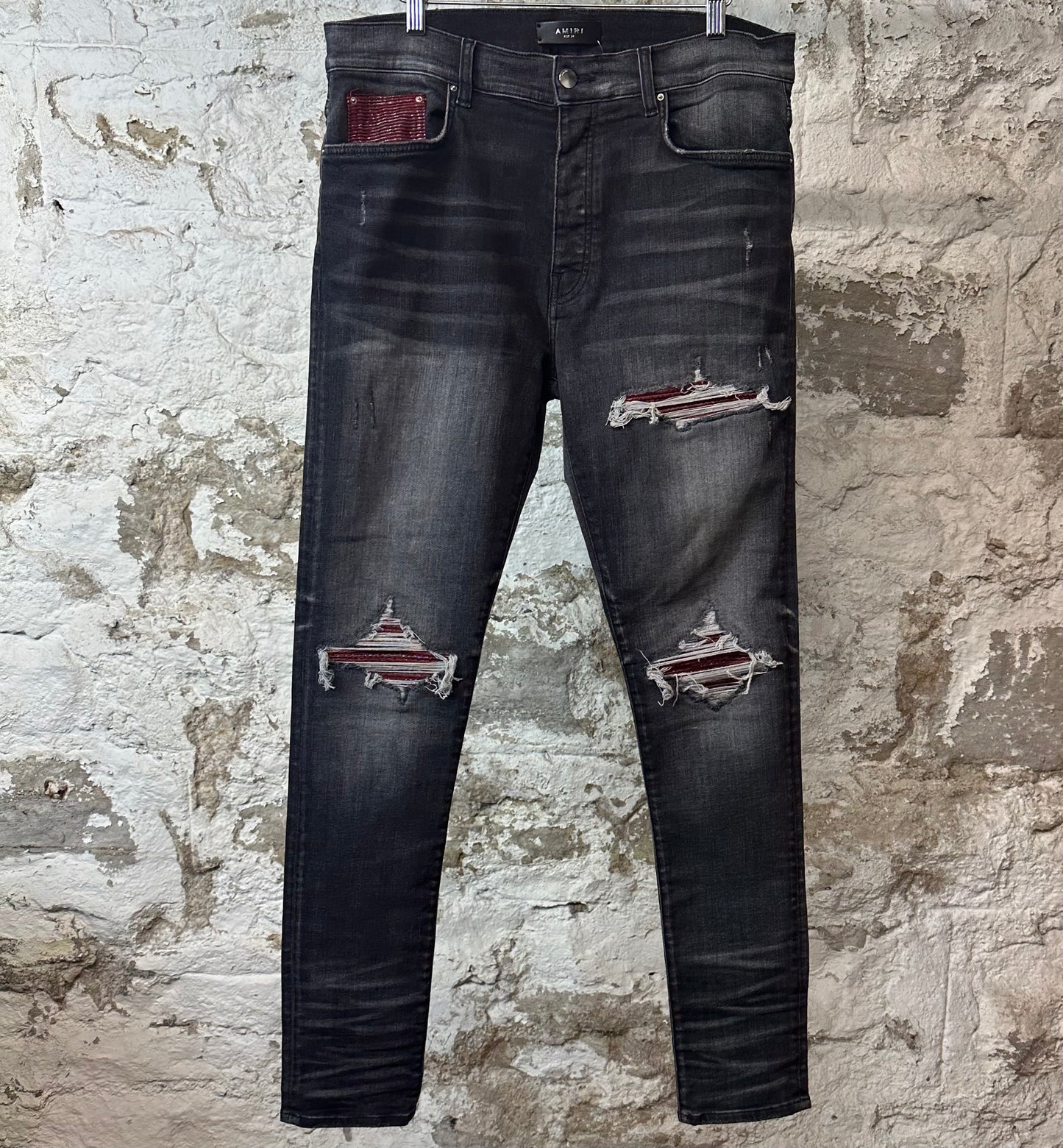 Amiri MX1 Maroon Glitter Grey Denim Jeans Sz 34