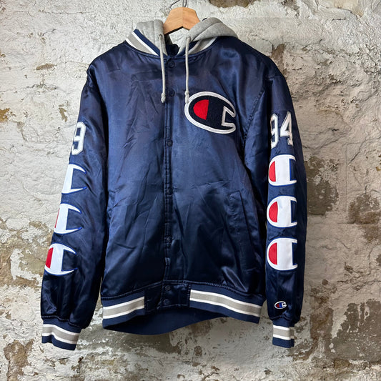 Supreme Champion Hooded Satin Navy Varsity Jacket Sz S