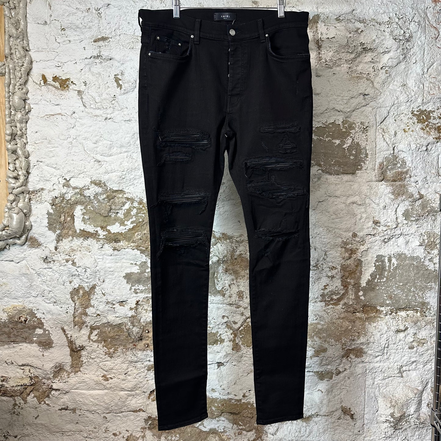 Amiri MX1 Black Leather Thrasher Black Denim Jeans Sz 38