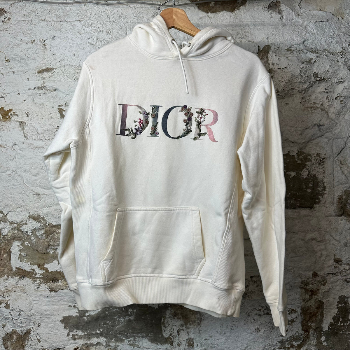Dior Flower Embroidered Spellout White Hoodie Sz S
