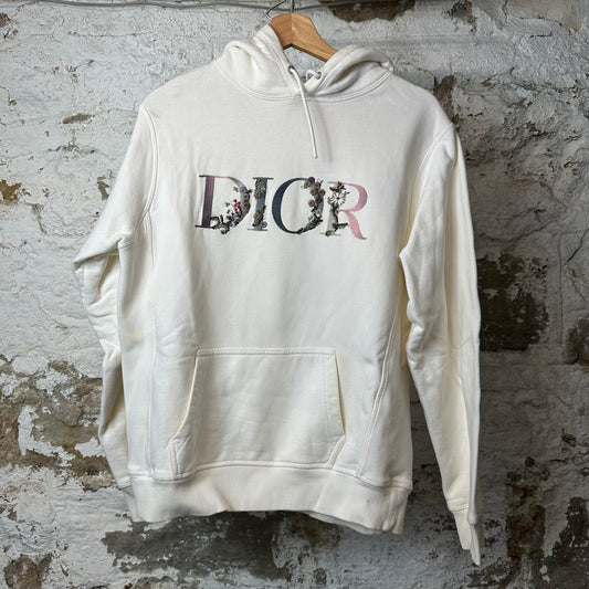 Dior Flower Embroidered Spellout White Hoodie Sz S