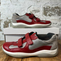 Prada Americas Cup Vintage Red Leather Strap Grey Sneaker Sz 8