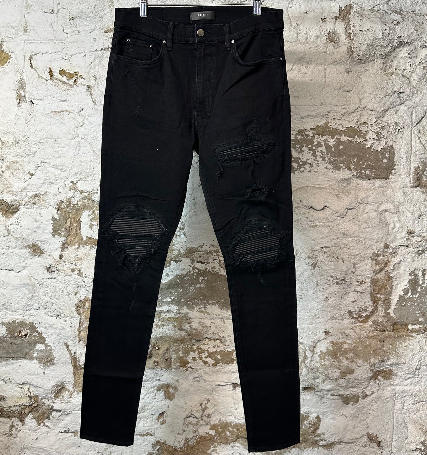 Amiri MX1 Black Leather Black Denim Jeans Sz 34