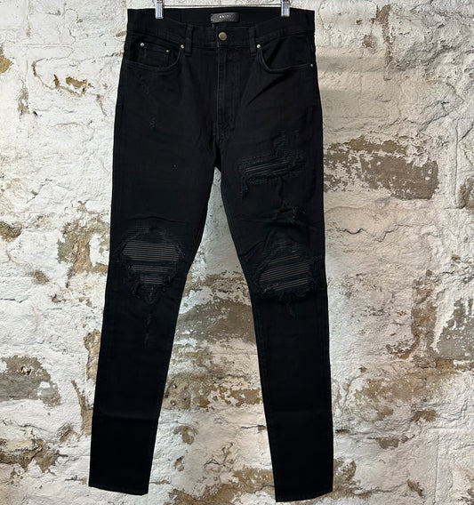 Amiri MX1 Black Leather Black Denim Jeans Sz 34