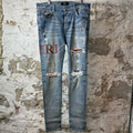 Amiri MX1 Brown Leather Core Logo Blue Denim Jeans Sz 34