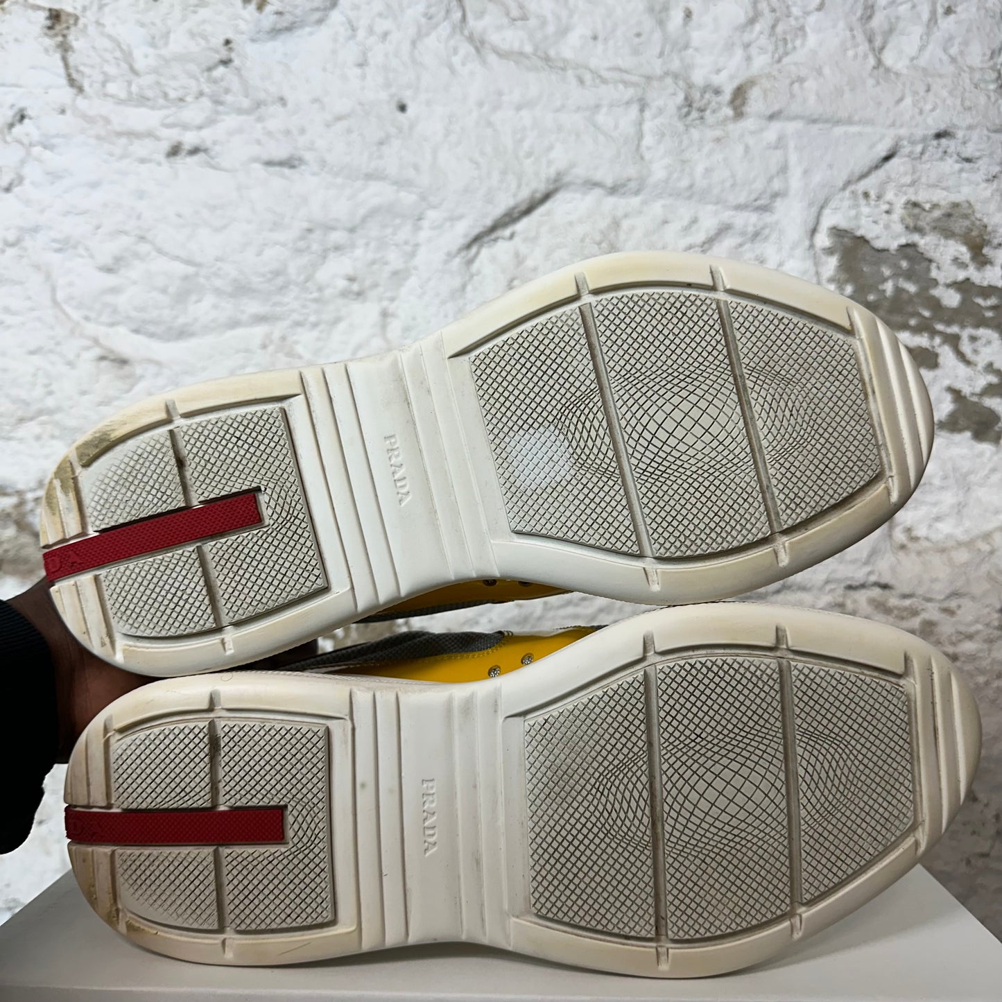 Prada Americas Cup Yellow Patent Gray White Sneaker Sz 9.5 No Box