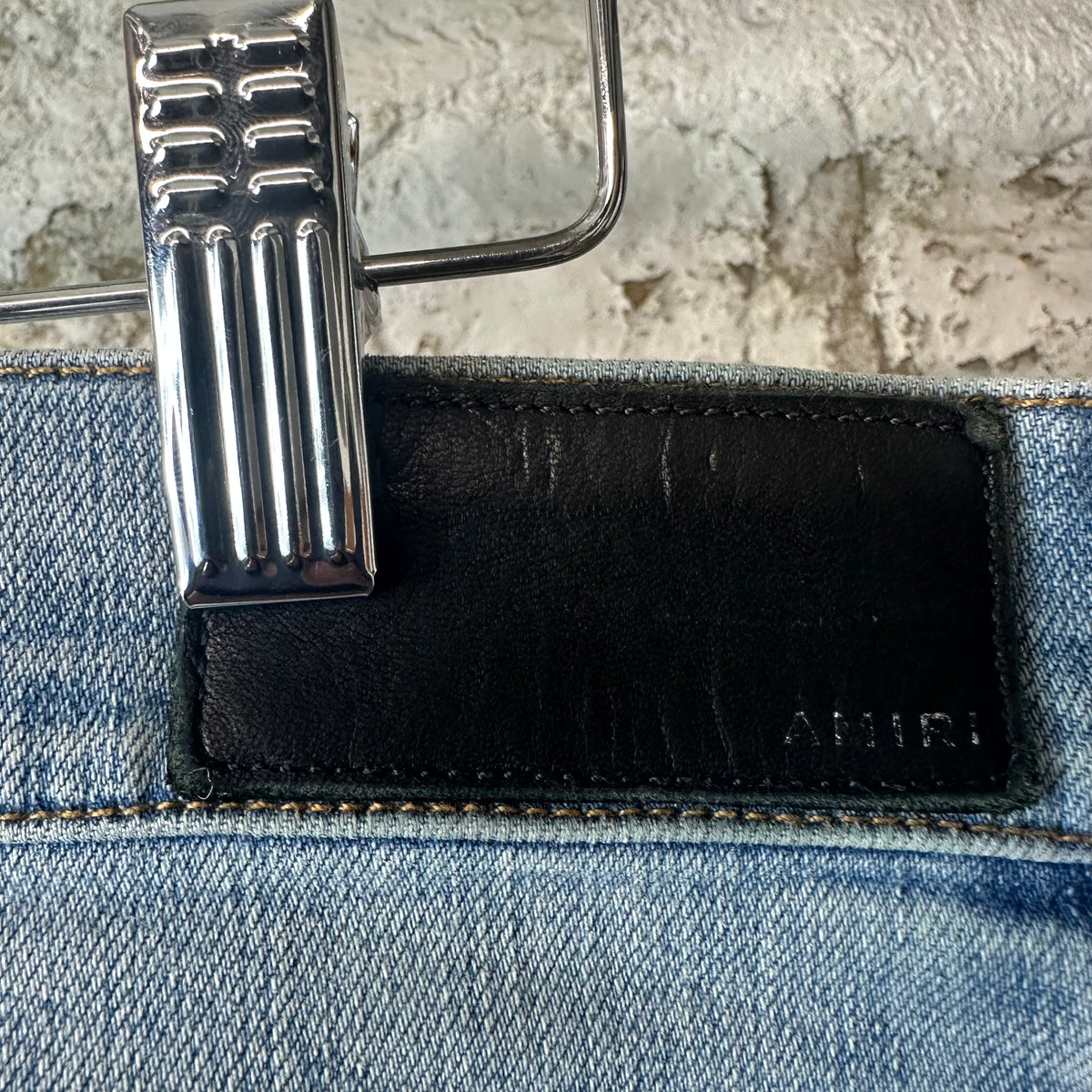 Amiri Black Leather Stagger Blue Denim Jeans Sz 36