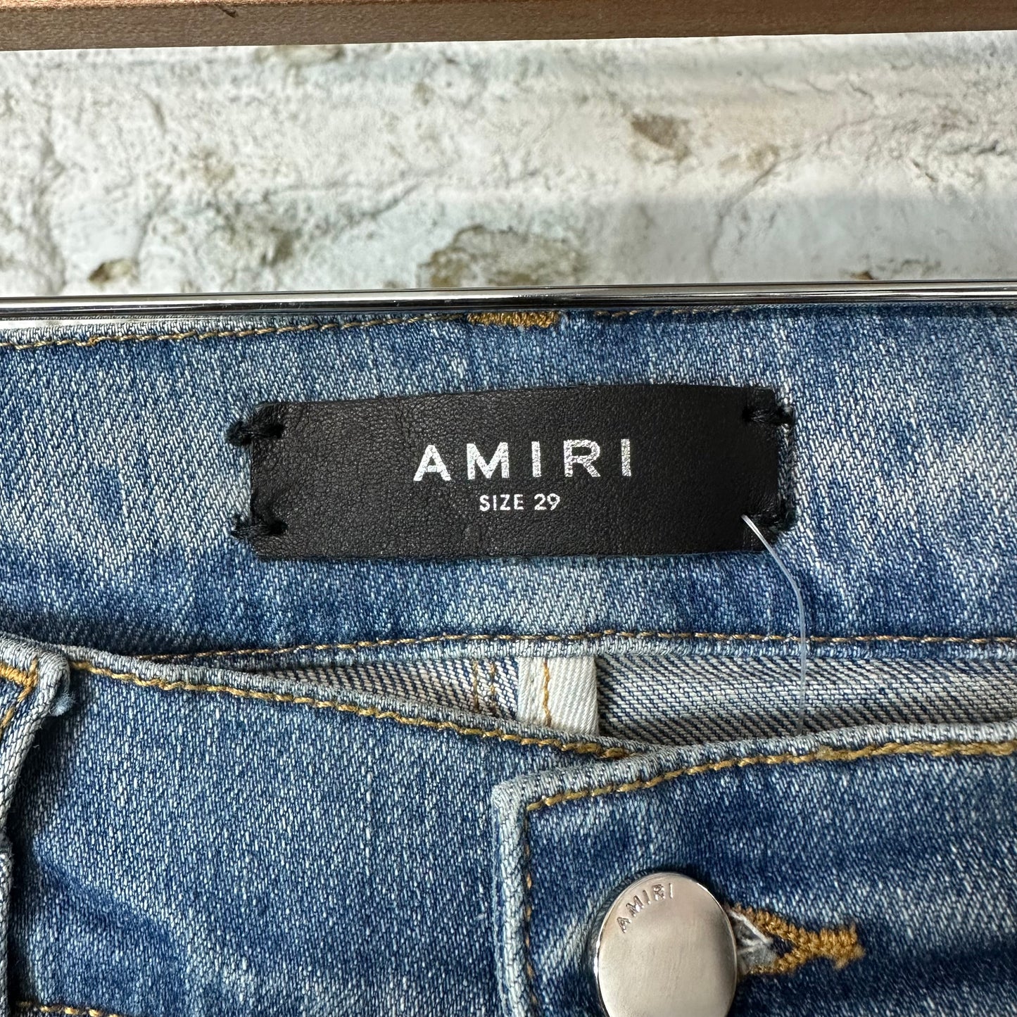 Amiri Brown Leather Spell Blue Denim Jeans Sz 29