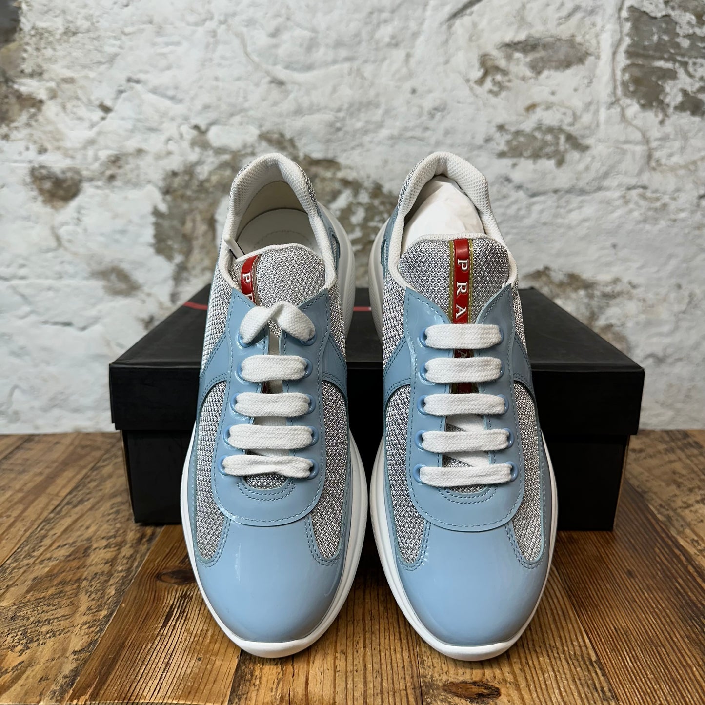 Prada Americas Cup Light Blue Patent Sneaker Sz 5 (37) DS