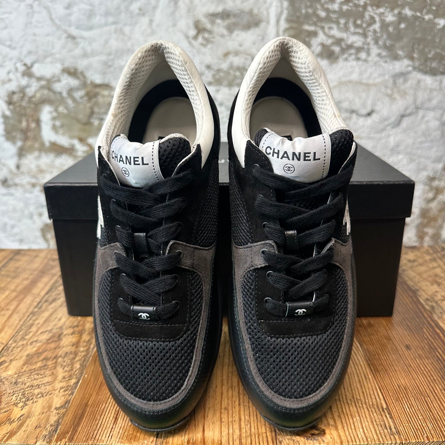 Chanel CC Black White Trainer Sneaker Sz 7.5 (40.5)