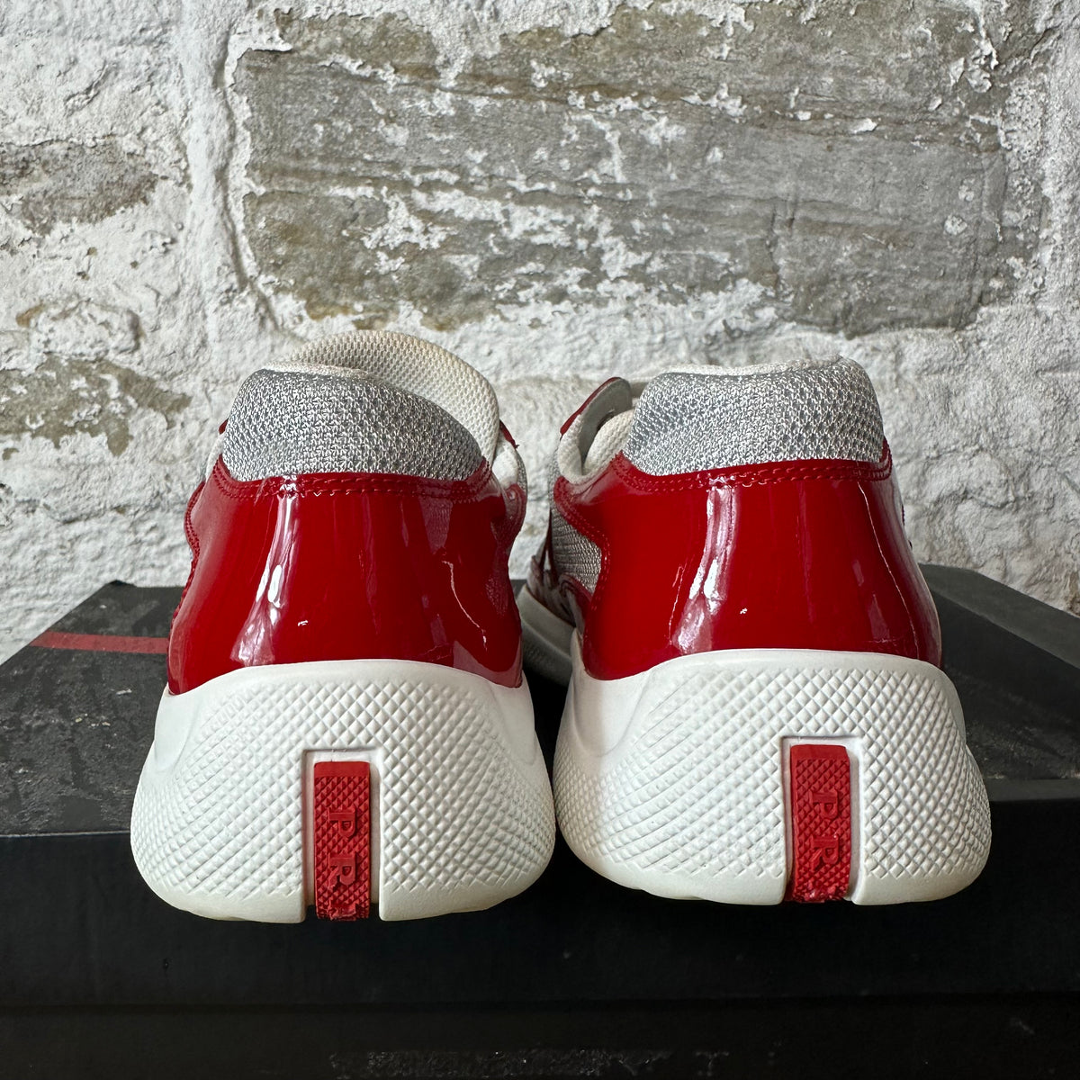 Prada Americas Cup Red Patent Grey White Sneaker Sz 8