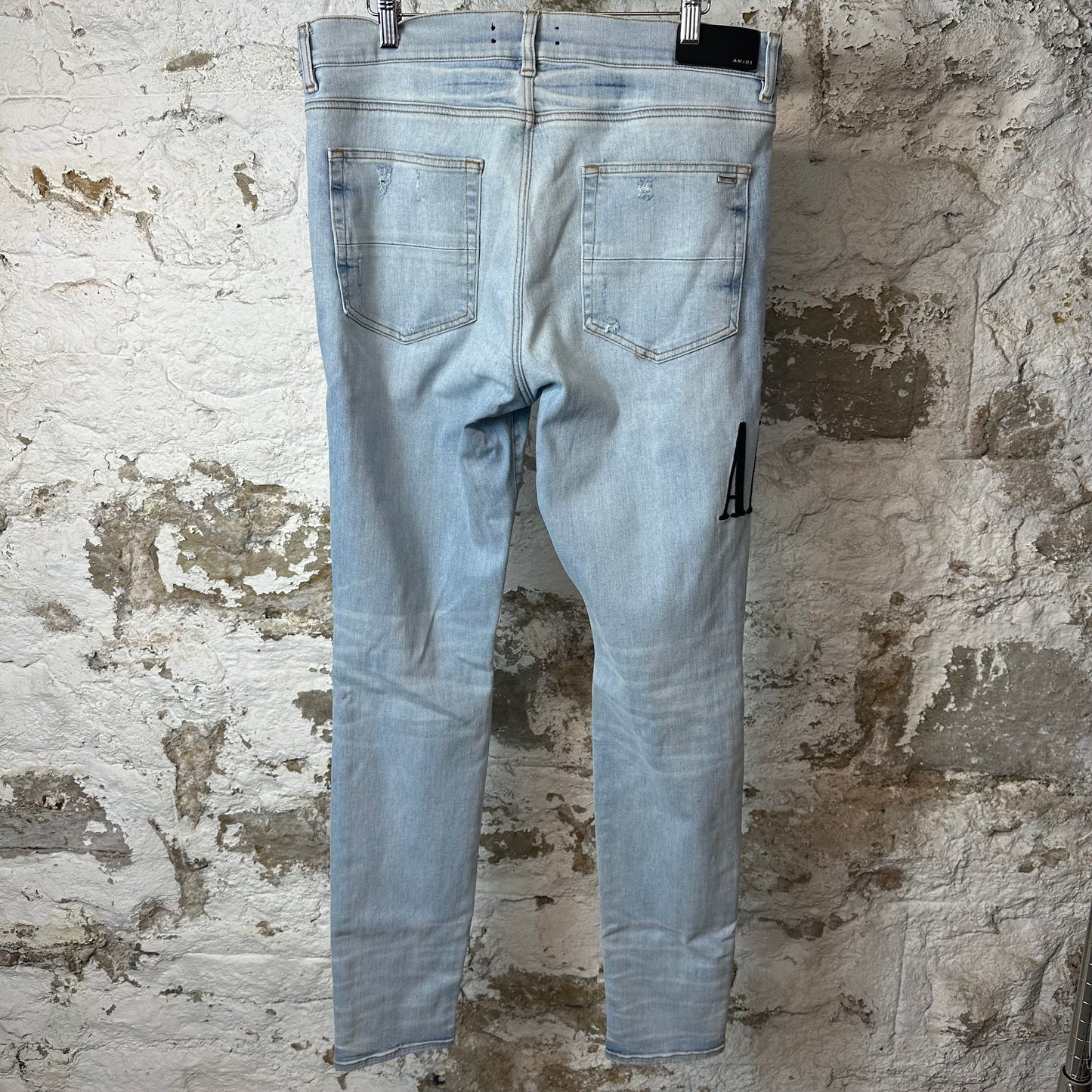 Amiri Black Stitch Spell Lightwash Blue Denim Jeans Sz 38
