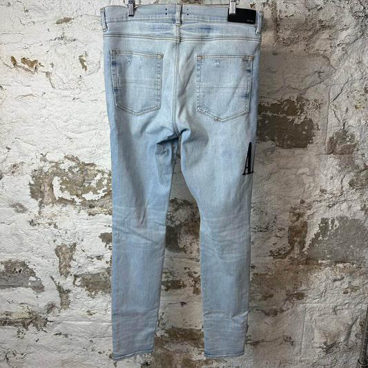 Amiri Black Stitch Spell Lightwash Blue Denim Jeans Sz 38