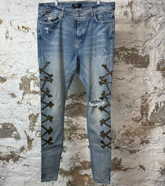 Amiri Green Camo Bones Blue Denim Jeans Sz 40