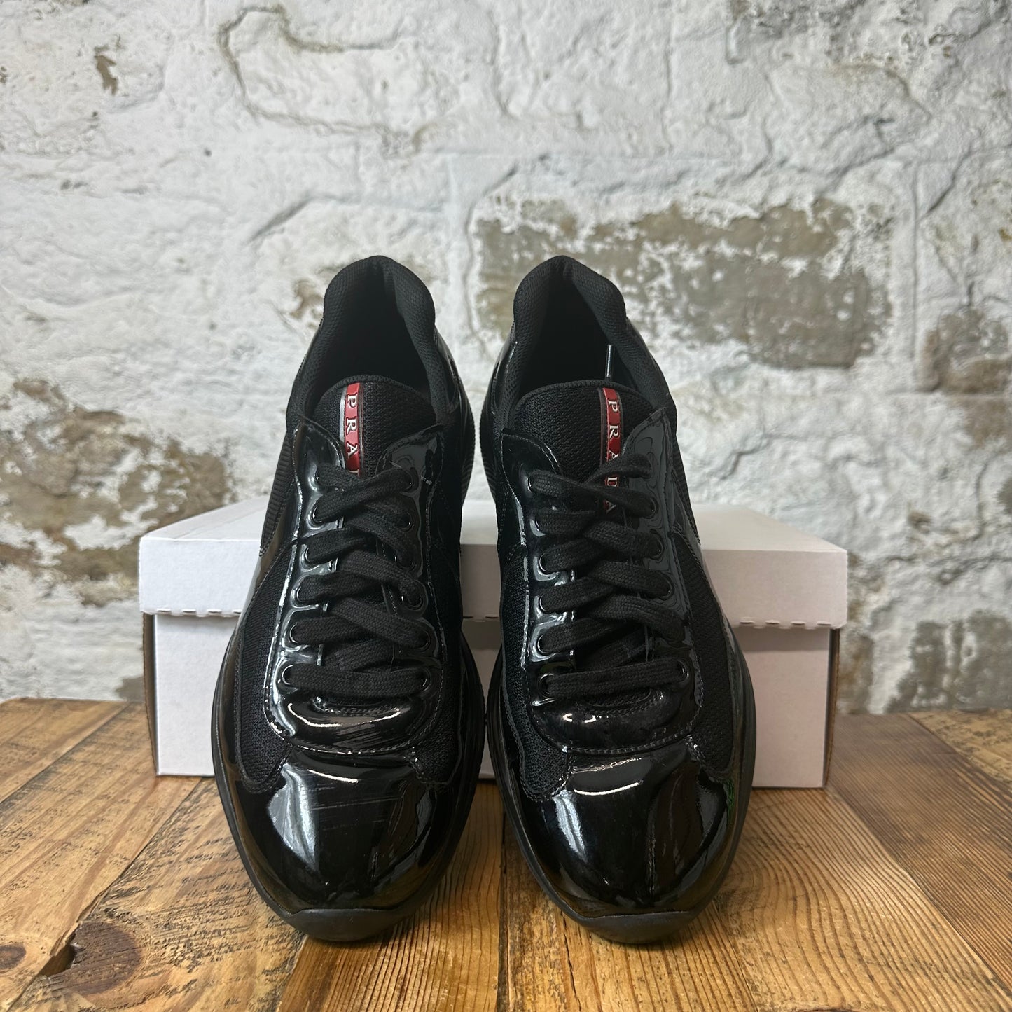 Prada Americas Cup Triple Black Patent Sneaker Sz 9.5