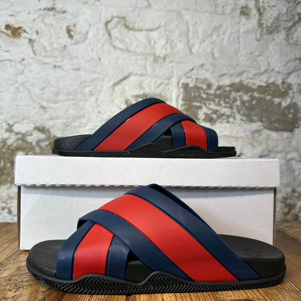 Gucci Blue Red Strap Black Rubber Slide Sz 9