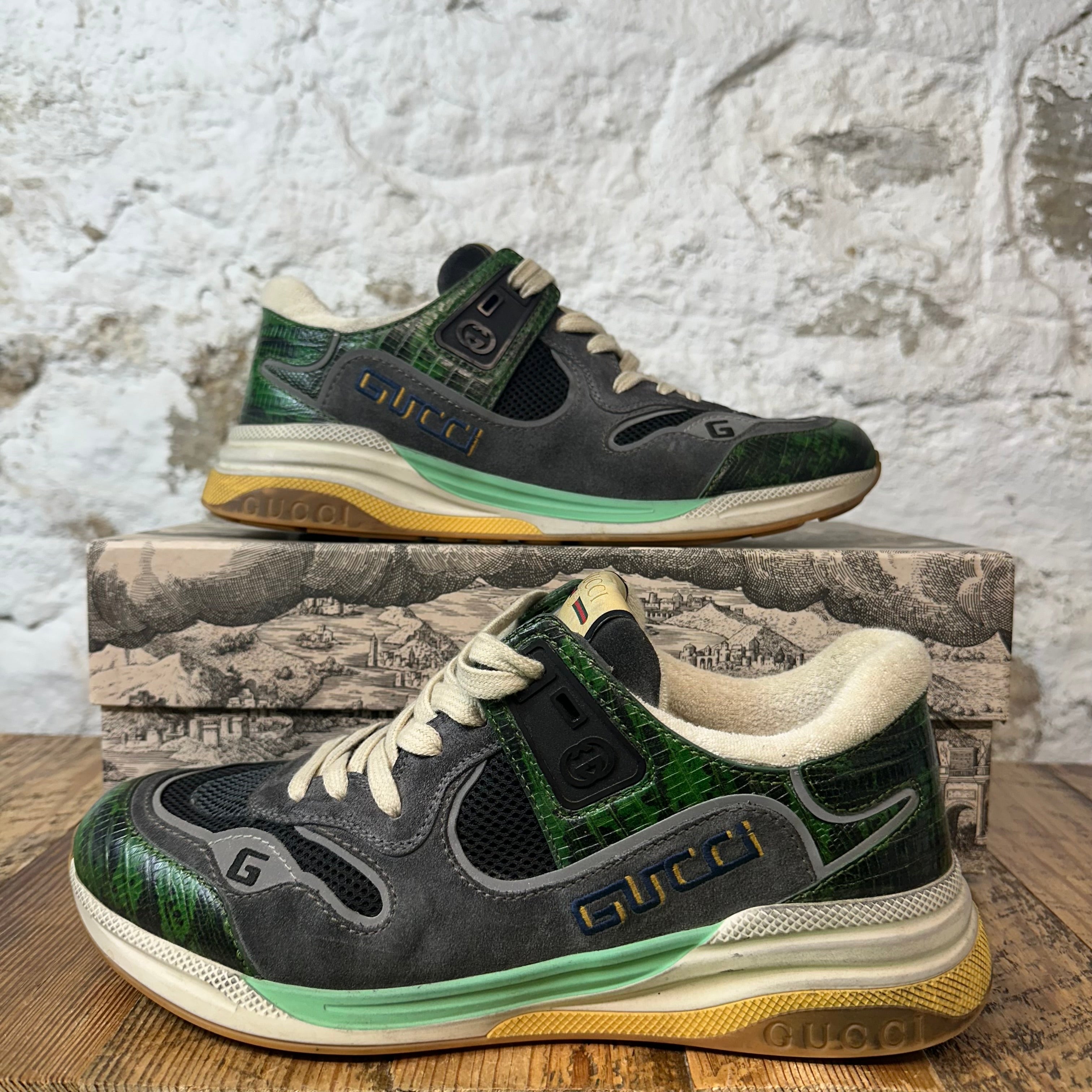 Gucci Ultrapace Green Snakeskin Gray Sneaker Sz 9.5