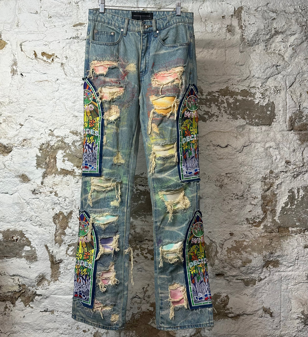 Who Decides War Stained Glass Multicolor Stitched Blue Denim Jeans Sz 28