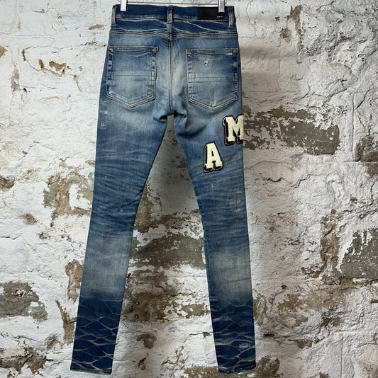 Amiri Varsity Patch Distressed Blue Denim Jeans Sz 28
