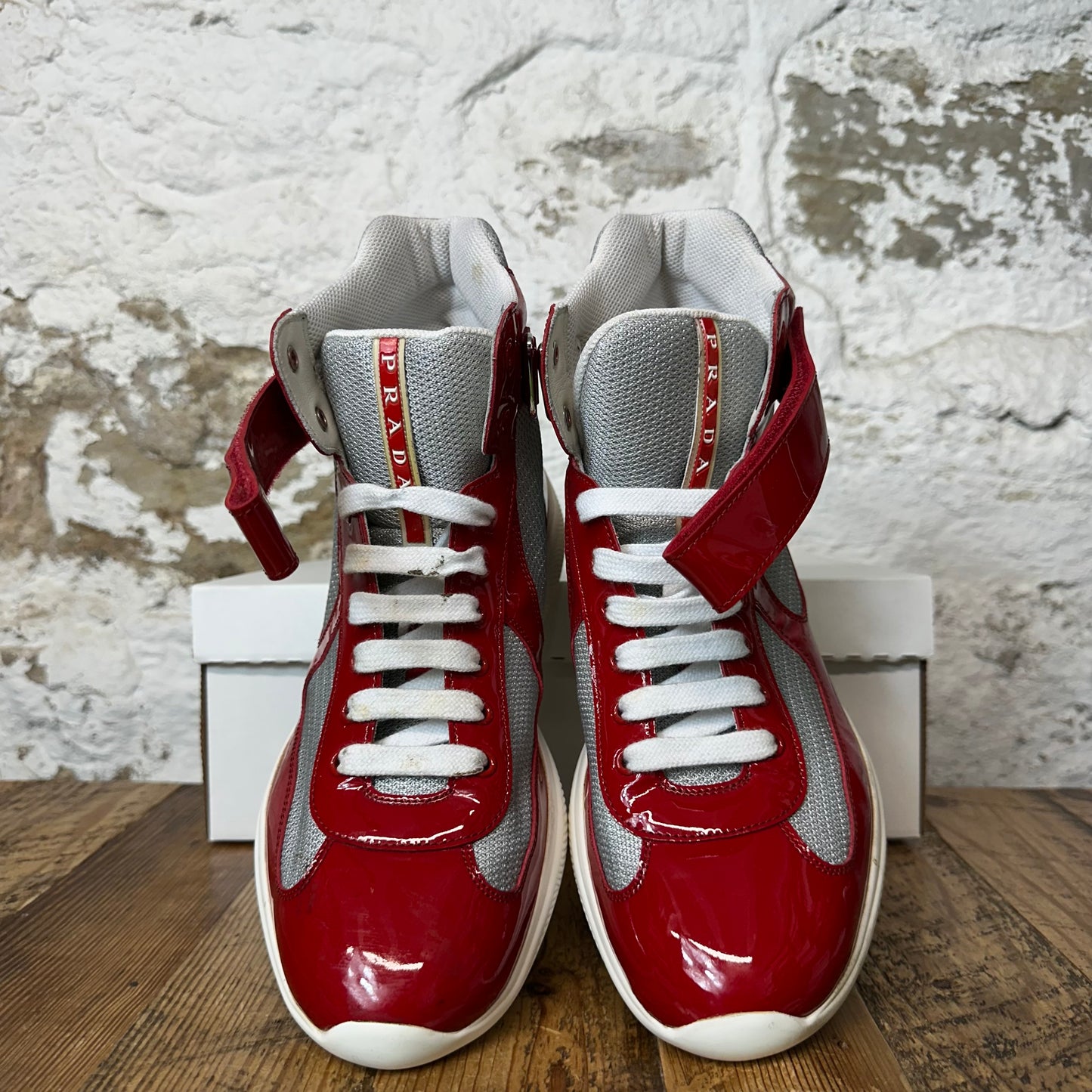 Prada Americas Cup High Red Patent Gray Sneaker Sz 8 No Box